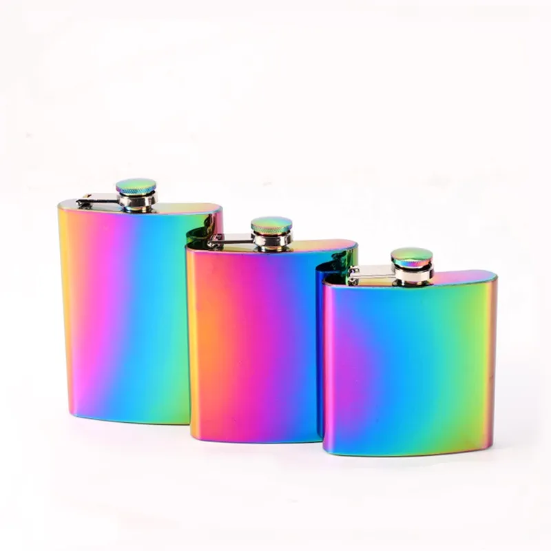 

6oz 7oz 8oz Gradient Color Portable Stainless Steel Hip Flask Flagon Whiskey Wine Pot Leather Cover Bottle Travel Drinkware