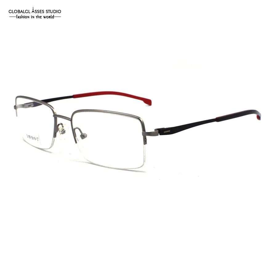 

New Mature Half Rim Metal Glasses Silver Frame Slim Black On Red Temple Spring Hinge Optical Eyeglasses Eyewear SU1009 C2