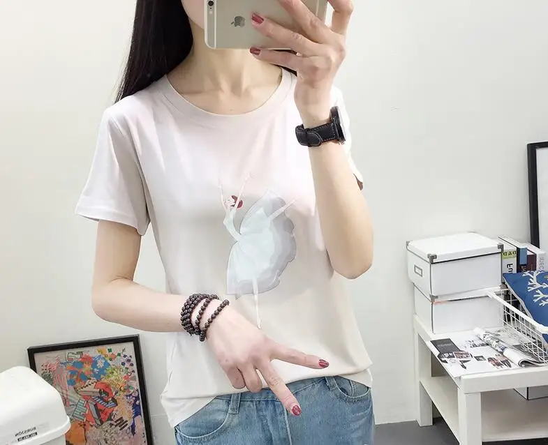 Женская футболка с принтом балета Повседневная Свободная Однотонная из хлопка