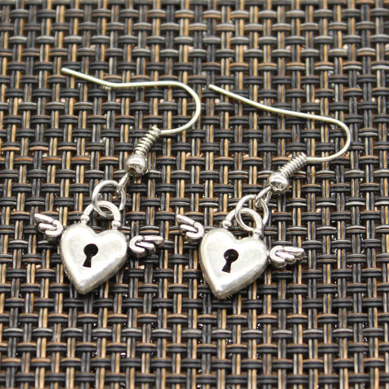 

Antique Silver Color Color Fly Heart Lock Key Cross Heart Charm Drop Earring, Dangle Earrings For Womens