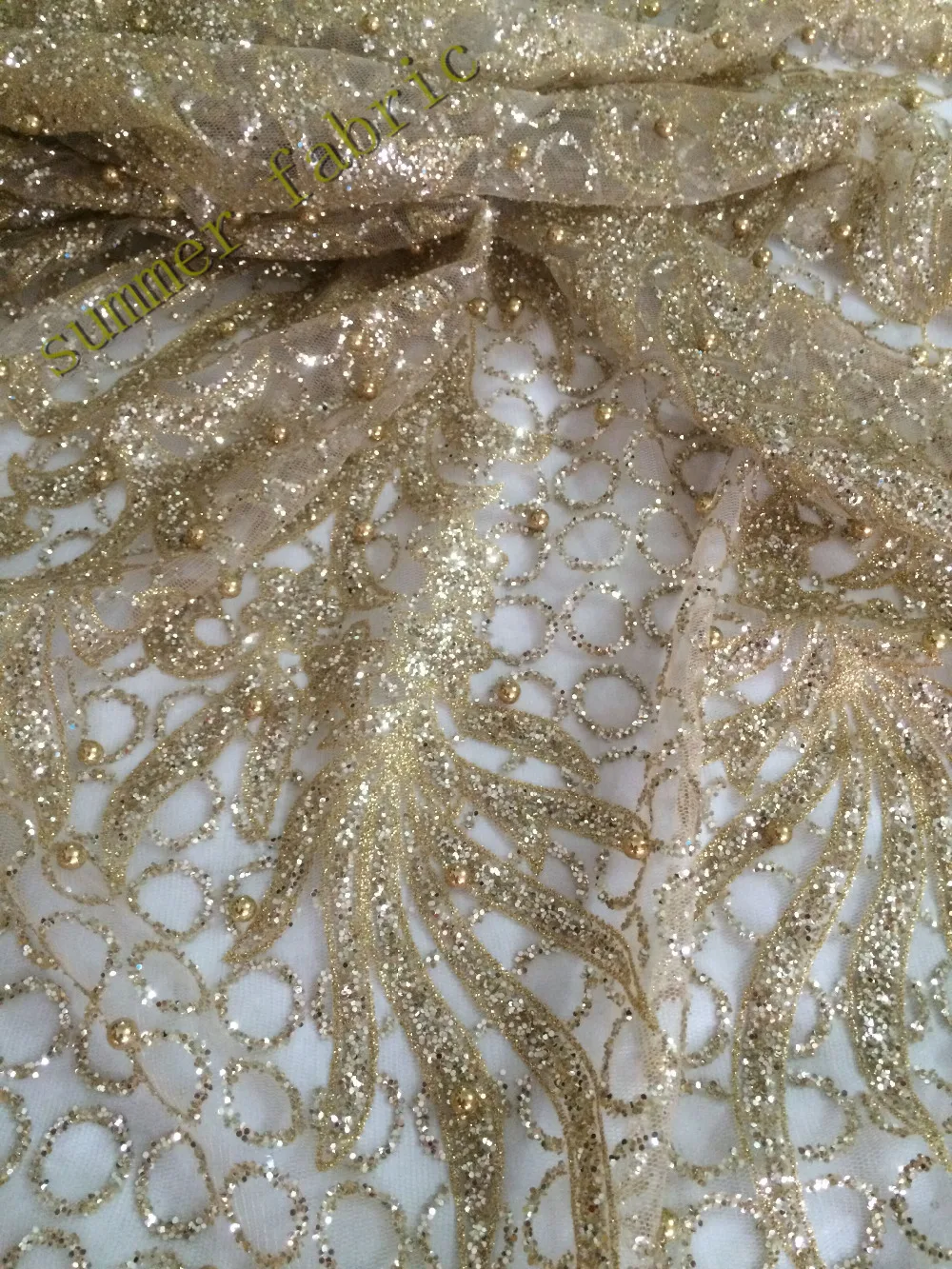 Роскошная Тюлевая французская кружевная ткань с жемчугом и бусинами Золотая