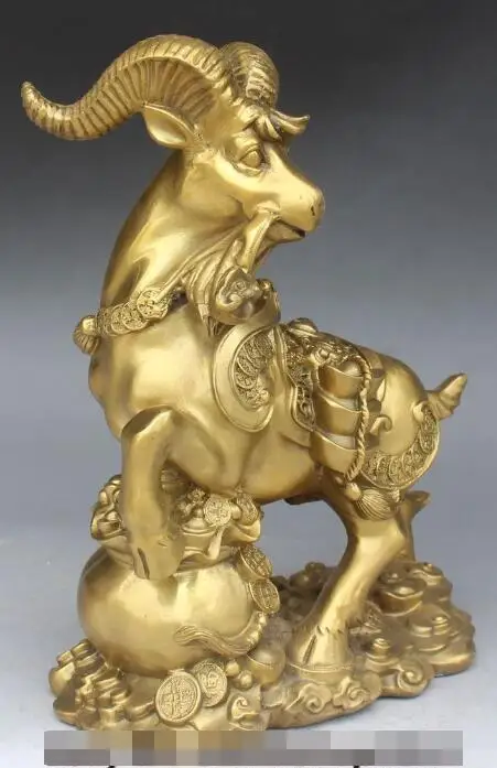 S3653 13&quot Chinese Bronze Wealth Yuanbao Money Bag Animal Sheep Goat Ram Ruyi Statue | Дом и сад