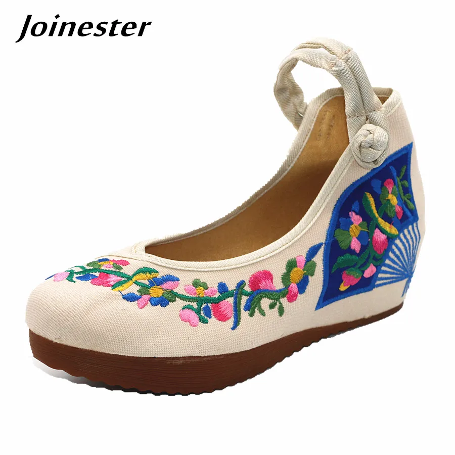 

Women Vintage Round Toe Floral Embroidered Wedges Platform Ankle Strap Dress Pumps Ladies Ethnic Mary Janes Loafer Bridal Shoes