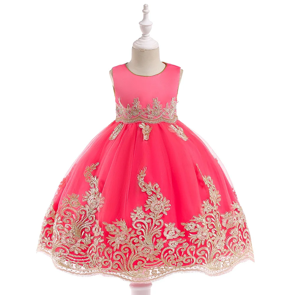 

Rlyaeiz Fashion Sweet Princess Party Dresses 2019 Summer Kids Dresses For Girls Gold Wire Floral Embroidery Sleeveless Dress