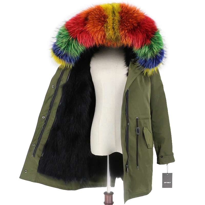 green black multi Водонепроницаемая длинная парка от OFTBUY, пальто с натуральным мехом, зимняя женская куртка, воротник из натурального меха енота, подкладка из натурального кроличьего меха, съемная теплая - Цвет: green black multi