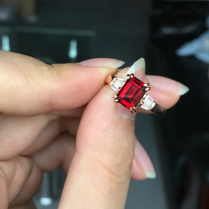 Solid Silver 925 Natural Red Square Stone Rings Women Elegant Brief Style Female Sterling Jewelry Free Ring Box Gifts | Украшения и