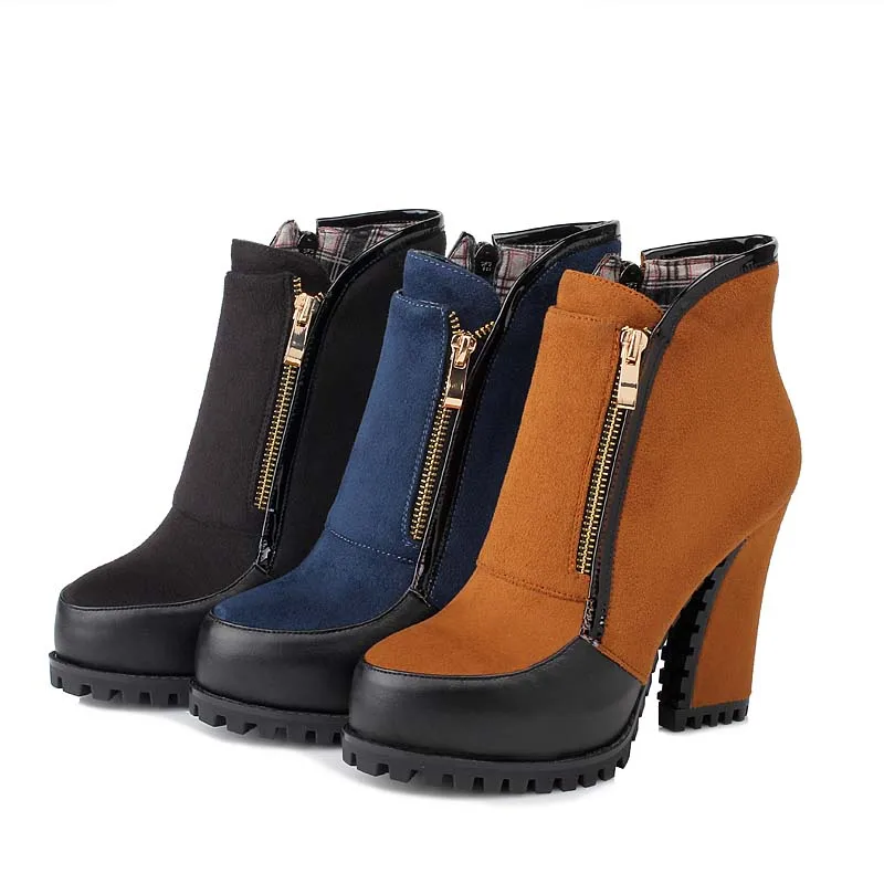 

ENMAYLA Mixed Colors High Heels Ankle Boots for Women Faux Suede Black Chunky Heels Zipper Platform Boots Winter Shoes Woman