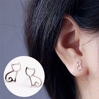 graceful 1 pair new women silver color stud earrings lovely hollow out cats cartoon earrings creative