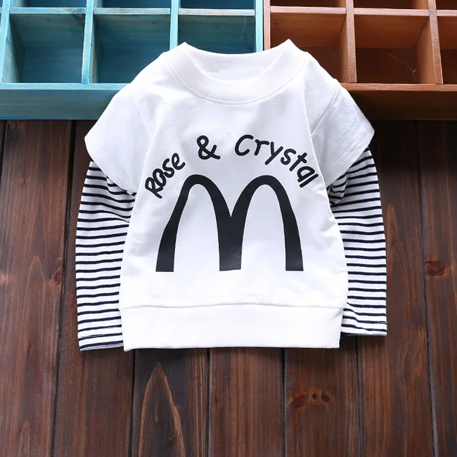 0-3T baby tees spring long-sleeved boys t shirts cartoon patchwork stripe kids tops letters children clothing cotton 669 |