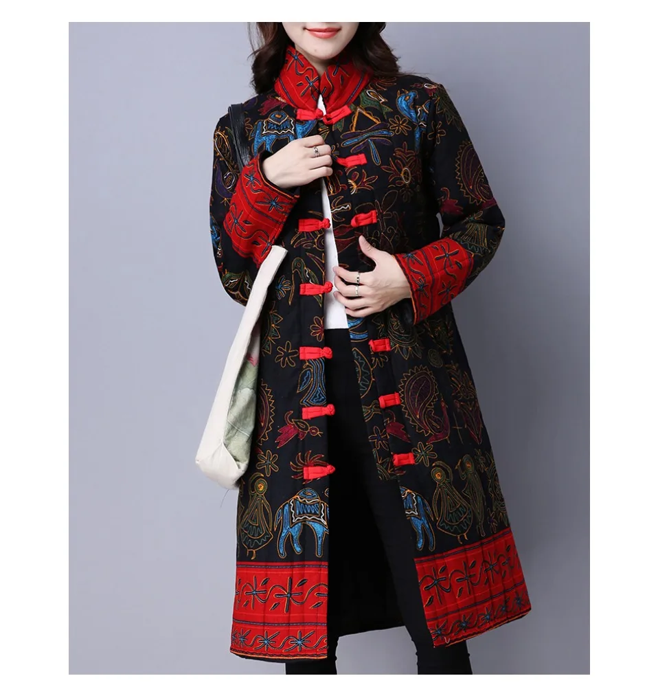 Winter Jacket Women Thick warm Long Parka Mujer Cotton Padded coat vintage Button Print Overcoat plus size Women Tops