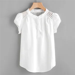 Женская Однотонная рубашка с круглым вырезом и вырезами, повседневные летние топы с короткими рукавами, белый цвет, 2019