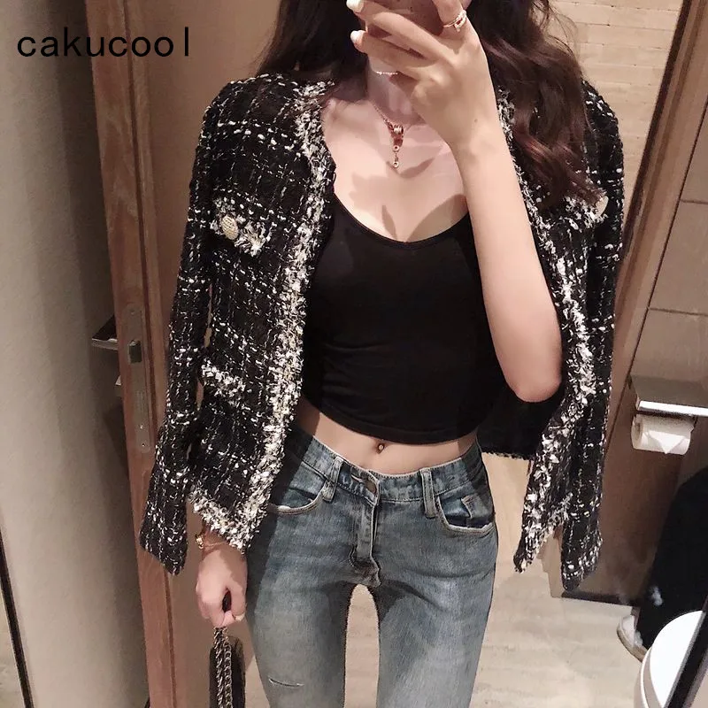 

Cakucool New Slim Plaids Jacket Women Autumn Spring Short Outerwear Shiny lurex Elegant Chic Vintage Outwear Coat Women Clothing