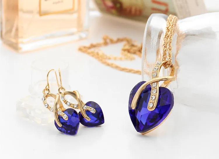Austrial Crystal Heart Pendant Necklace Earrings Jewellery Set Gold Jewelry Sets For Women Bridal Wedding 2016 Set001 | Украшения и