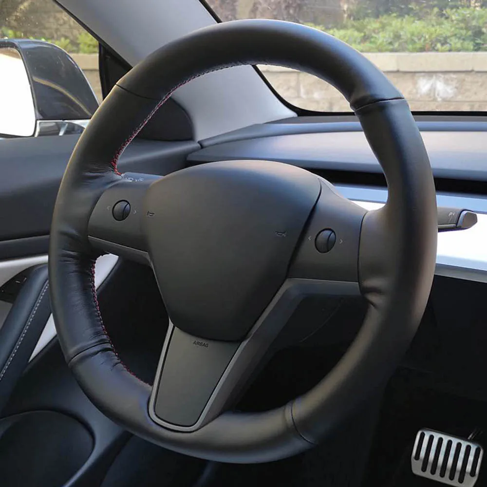 Топ PU черный кожаный руль ручной стежок на обертывание чехол для Tesla модель 3