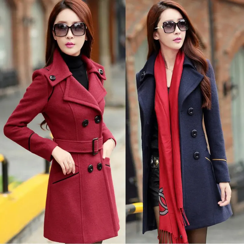

Winter Long Overcoat Women Wool Trench Pockets Double Breasted Solid Slim Elegant Outwear Female Coat