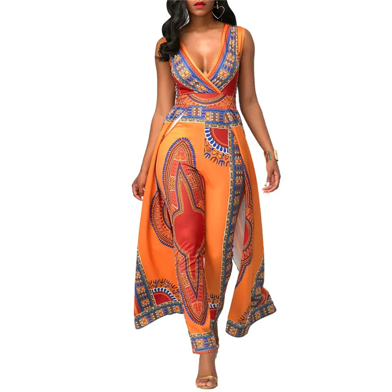 

Dashiki Ethnic African Print Jumpsuit Sexy Romper Women V-neck Sleeveless Indie Folk Overalls Elegant Orange One Piece Jumpsuit