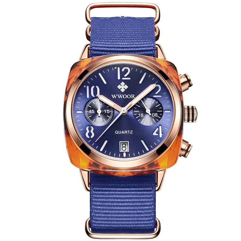 Blue with box Бренд wwoor Роскошные Для женщин хронограф часы Женские кварцевые наручные часы дамы нейлоновый ремешок дамские наручные часы Relogio Feminino - Цвет: Blue with box