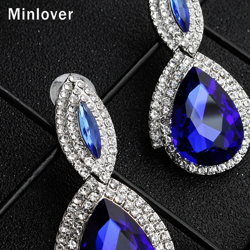 Minlover роскошные серебряные кристалл синего цвета невесты каплевидные большие серьги для женщин Свадебные висячие серьги-подвески с аксессуарами MEH1435