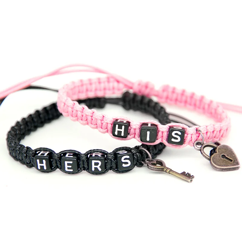 Браслеты для пар ювелирные украшения ручной работы с надписью Pink His и Black замком