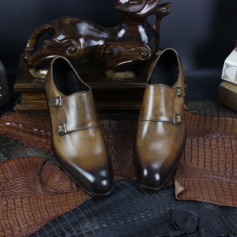 Ручная Роспись Цвет Пряжки Монах Ремень Обуви Goodyear Welt Обувь Ручной работы для