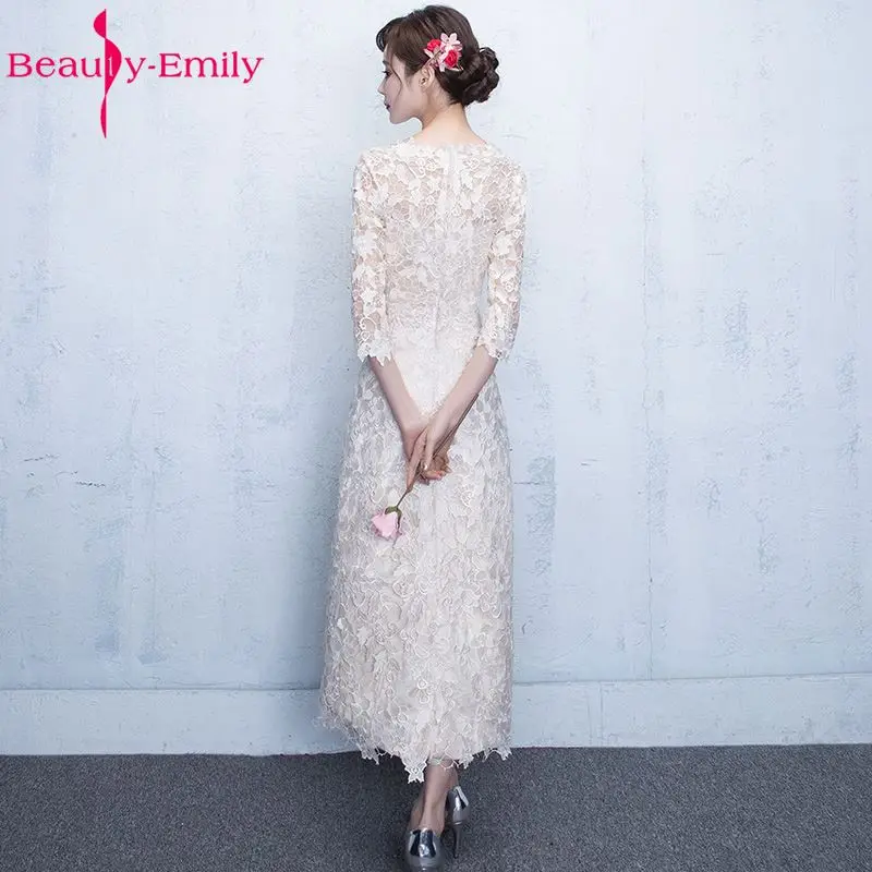 Beauty-Emily белый чай Длина Кружева Вечерние платья 2019 o-образным вырезом три четверти