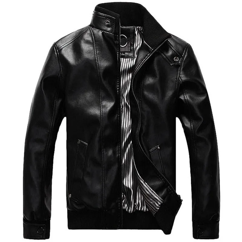 Мужская кожаная куртка бомбер с воротником стойкой|fashion leather jackets men|leather jacket menpu men |