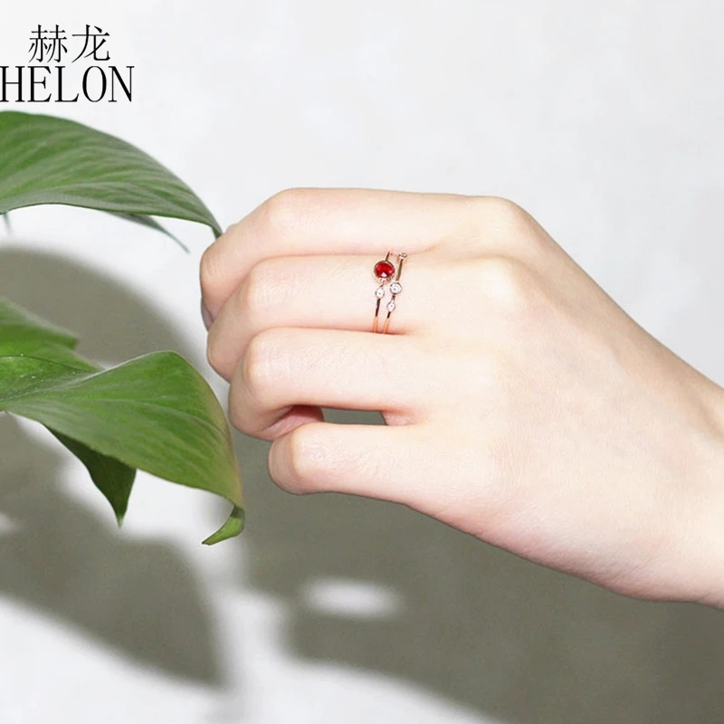 HELON Solid 14K(AU585) розовое золото Сертифицированный круглый 0.276ct с натуральным красным Рубином& Алмазы обручальные кольца женские модные ювелирные изделия