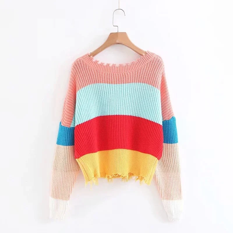 

Rainbow sweater pullover female ladies sweaters fashion 2018 women winter warm knitting pull jumpers ladies sweaters KK2536