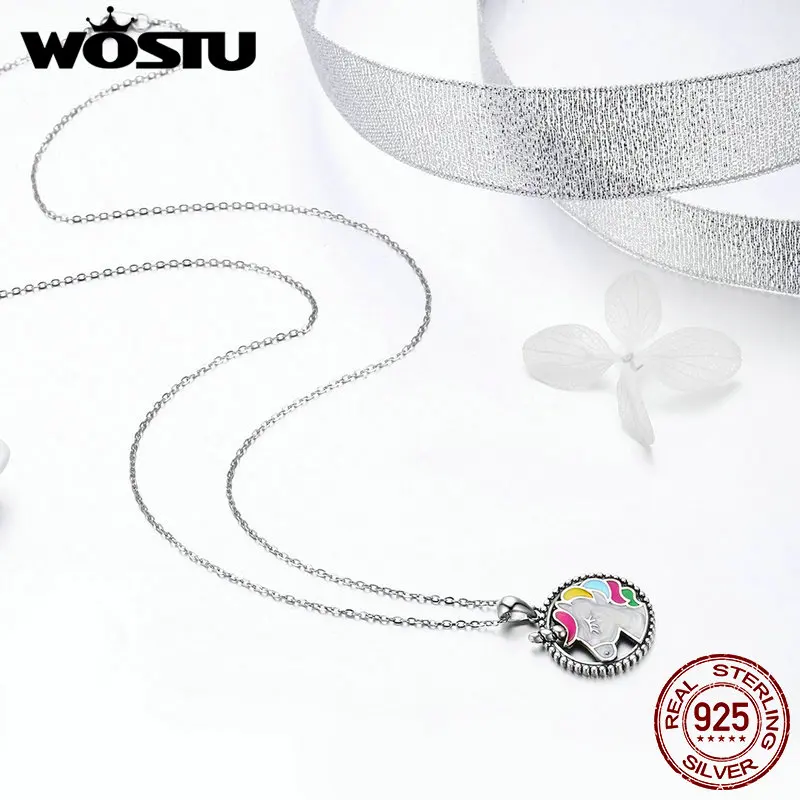 WOSTU,, 925 пробы, серебряный, разноцветный, единорог, подвеска, колье, ожерелье для женщин, девушек, ювелирное изделие, свадебный подарок, CQN266