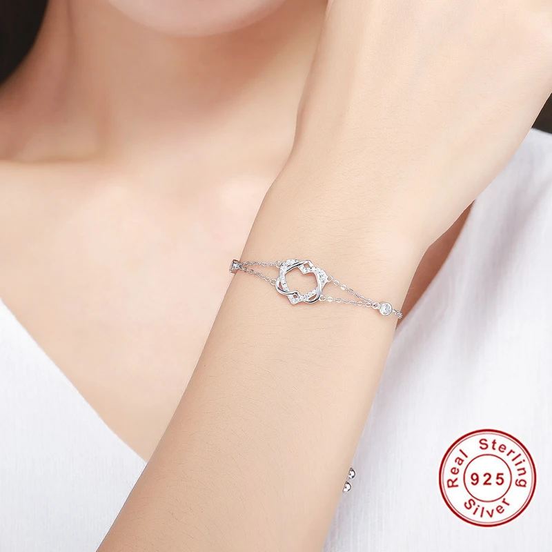 

Genuine 925 Sterling Silver Twisted Double Heart in Heart Chain Bracelets For Women Authentic Silver Jewelry Gift wholesale B022