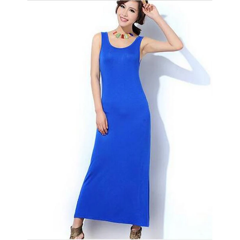 Женское летнее платье без рукавов с круглым вырезом длинное из модала однотонное