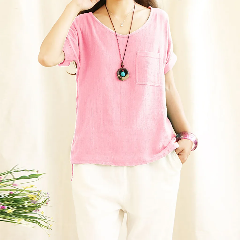 Pink Женская блузка Blusas Mujer De Moda, Женская хлопковая и льняная рубашка с коротким рукавом и карманом, топ, блузка, женская блузка - Цвет: Pink