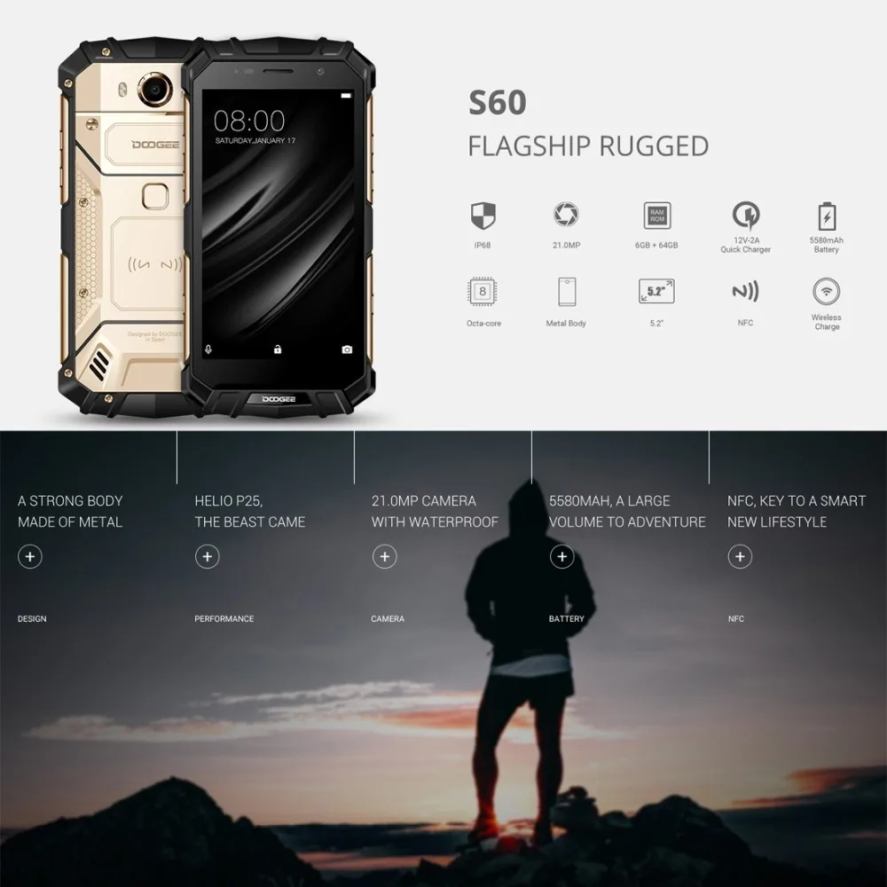 IP68 DOOGEE S60 Беспроводная зарядка 5580 мАч 12V2A Быстрая 5 2 'ɿHD Helio P25 восьмиядерный