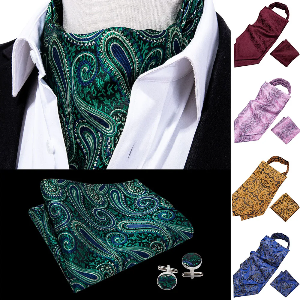 

Fashion Brand 8Styles Gold Men Ascot Tie Handkerchief Cufflinks 100%Silk Paisley Ties Gift Box Set Wedding LJ-0001 Barry.Wang
