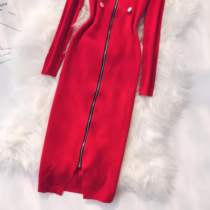 autumn and winter new women O-neck buttons zipper long sleeve waist pockets OL elastic knitted dress female sweater dresses