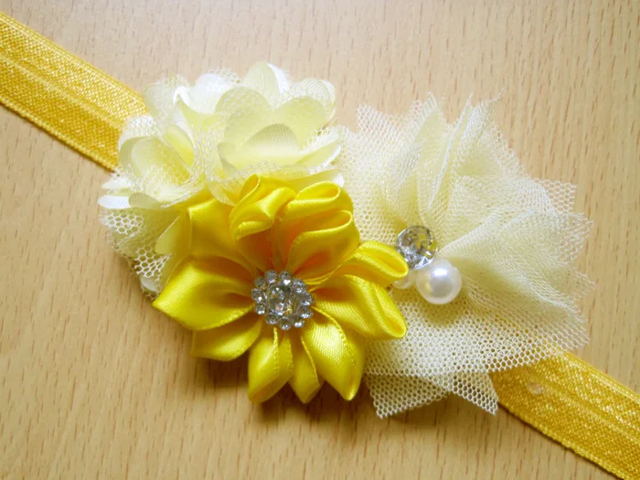 yellow Детская повязка на голову из ткани с цветами для новорожденных, жемчужные стразы, эластичные повязки на голову, Детские аксессуары для волос для девочек - Цвет: yellow