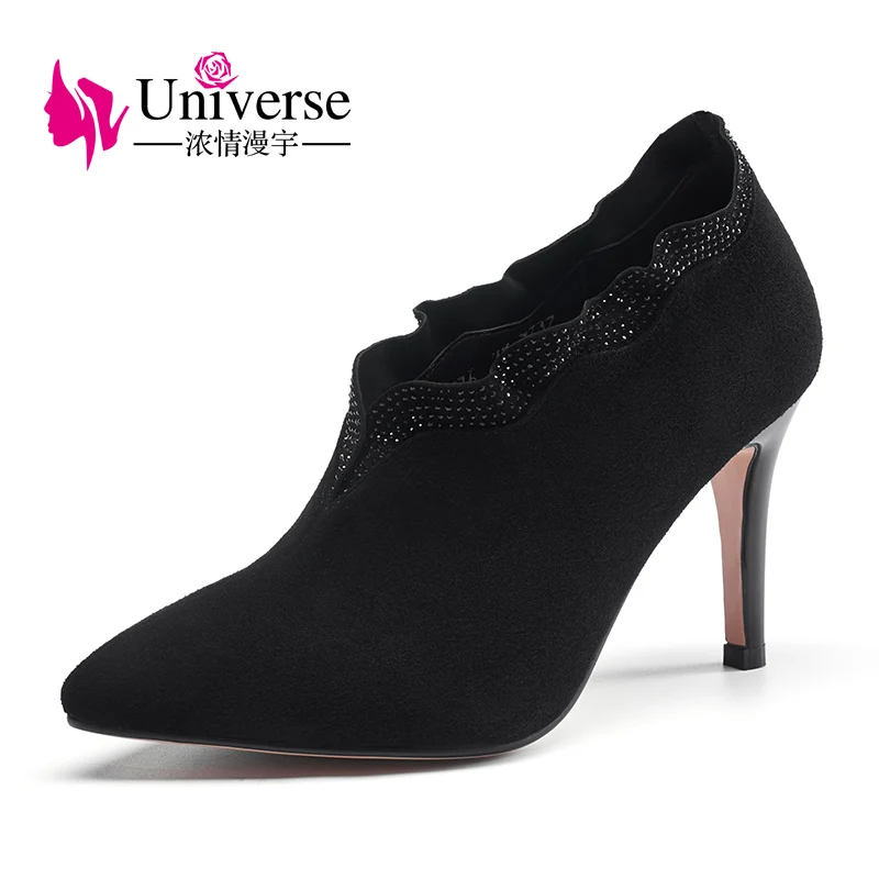 Женские замшевые туфли лодочки на очень высоком каблуке с острым носком тонком