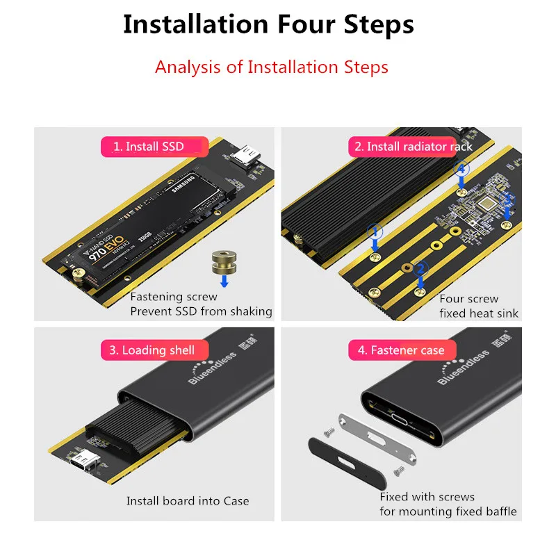 PCIE M.2 NVME SSD Enclosure Support M Key Type C USB3.1 2240/2280 SSD Case Full Aluminum External Box for Solid disk