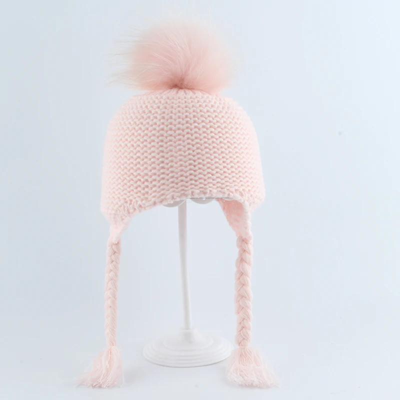 Настоящий помпон из меха енота Beanie шапки для детей мальчиков и девочек Babay зимняя шапка теплые наушники шапки
