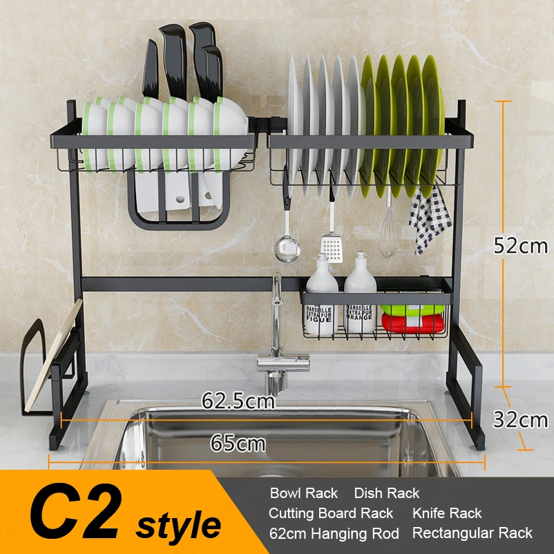 C2 style Серебряный/черный кухонный стеллаж для раковины из нержавеющей стали, сушилка для раковины, держатель для сушки, 2 слоя, кухонная полка для посуды, Органайзер - Цвет: C2 style