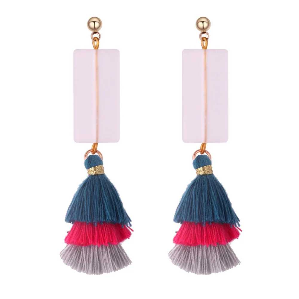 Bohemian 3 Layered Fringed Statement Tassel Earrings Pink Geometric Resin Women Drop Dangle Jewelry Wholesale | Украшения и