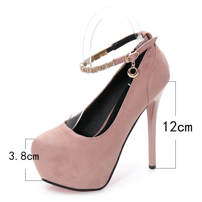 pink 12cm Женские замшевые туфли; сезон весна-осень; модные туфли на высоком каблуке 14 см; туфли-лодочки на платформе с ремешком на щиколотке; цвет черный, бежевый; обувь для вечеринок - Цвет: pink 12cm