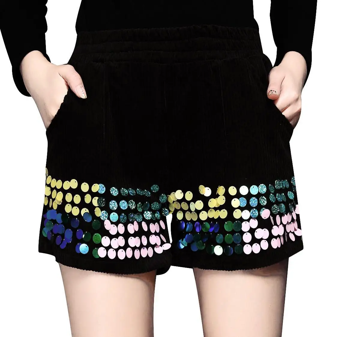 2017 зимние осенние модные женские вельветовые шорты с блестящей вышивкой Зеленые