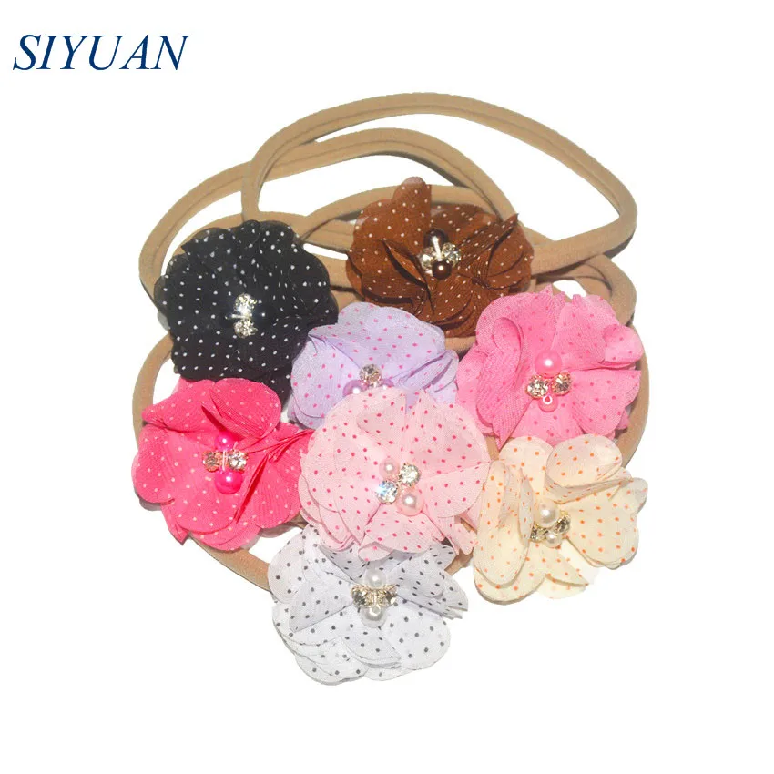 25pcs/lot Eco-friendly Nylon Headband with 2'' Polka Dot Chiffon Pearl Rhinestone Beaded Flower Christmas Gift for Girl HB046 |