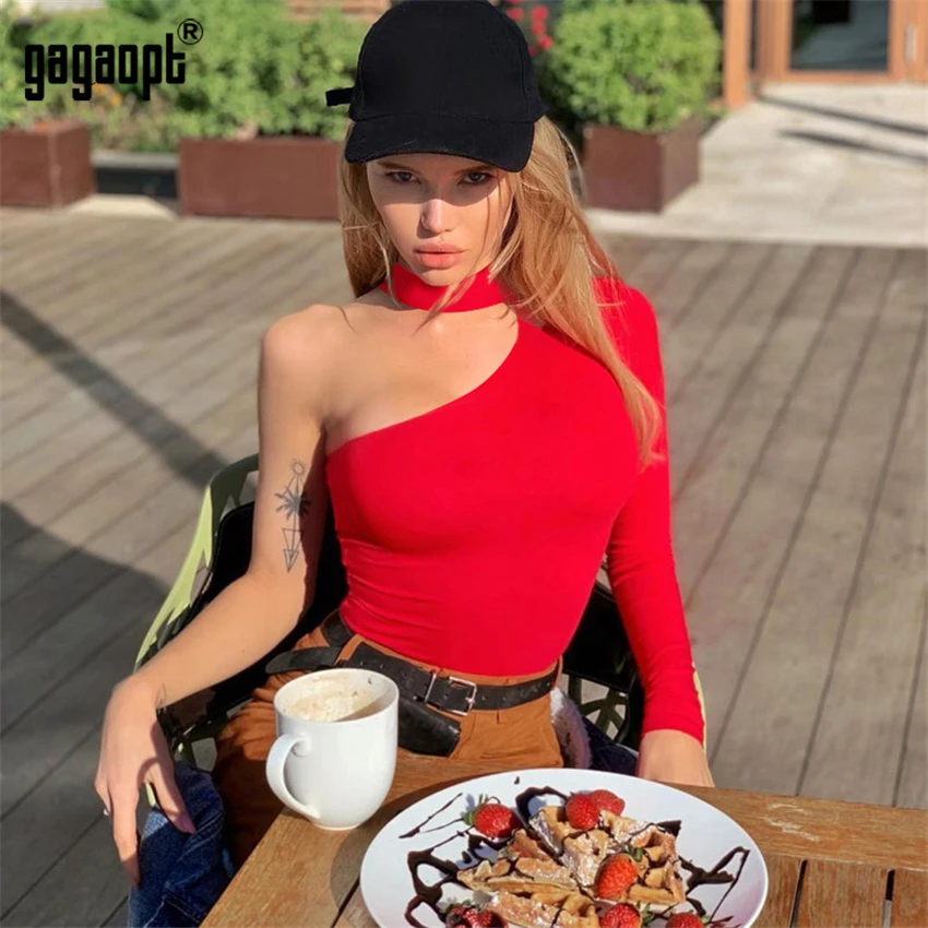 Gagaopt 2019 пикантное боди на одно плечо женское модное облегающее однотонное черное