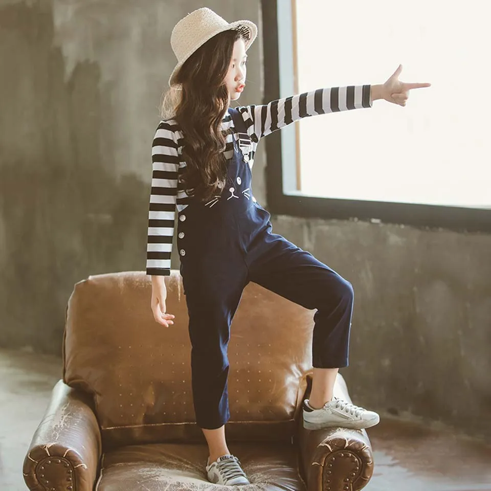 Комплект одежды для девочек подростков осень 2019 полосатые футболки с длинными