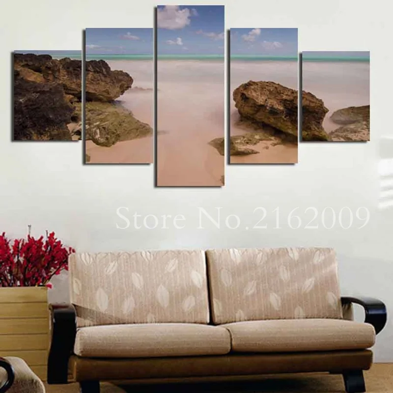 

Printed Seascape Picture Canvas Painting Sea Waves Beach Rock Sunset Landscape 5 Piece Wall Art Room Home Decor Canvas