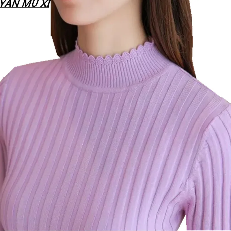 Brand YAN MU XI 2017 feminina fashion autumn and winter new sets of leisure tight pink Lace collar sweater women | Женская одежда