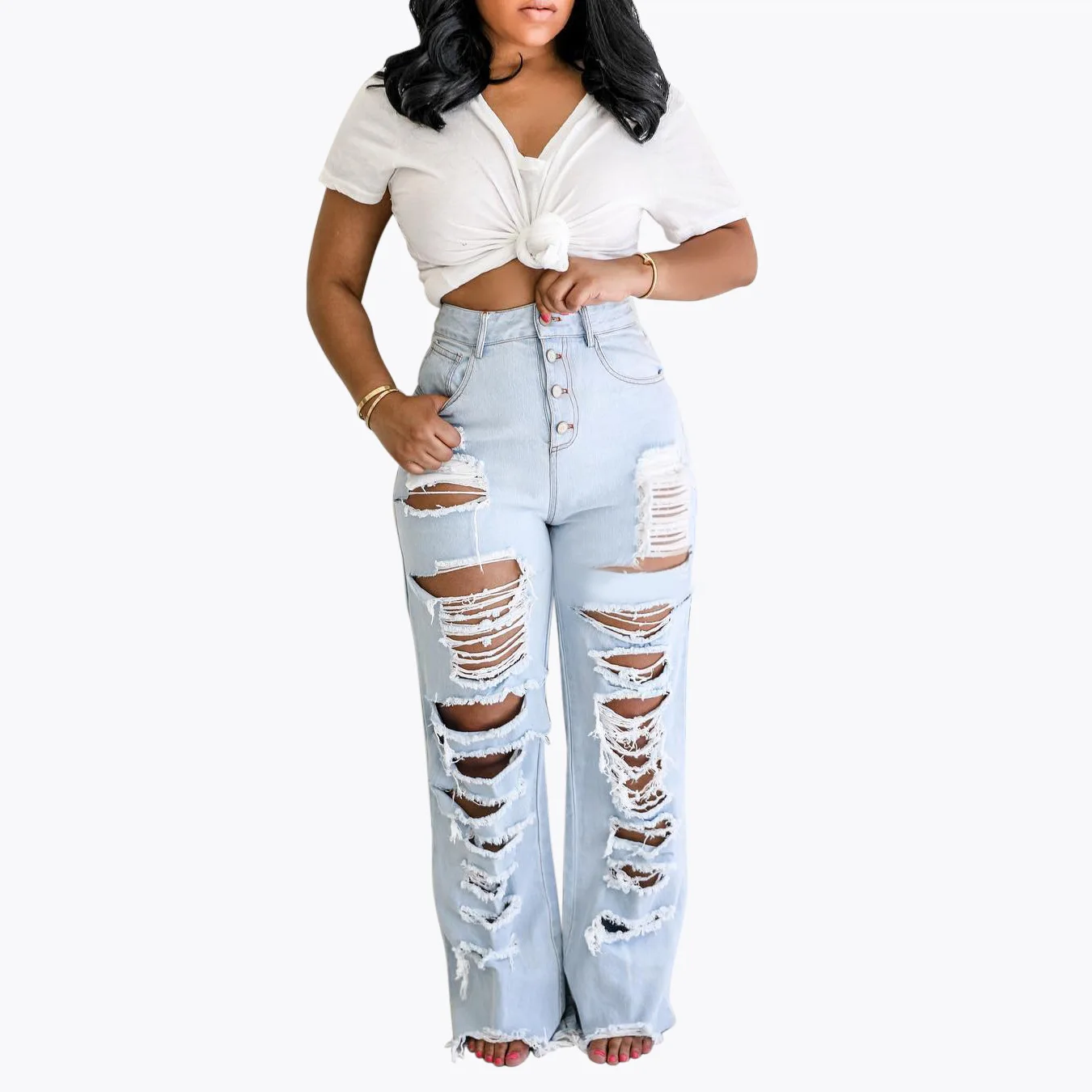 Hole Fashion High Waist Women Jeans Office Aldy Solid Skinny Denim Pencil Butt Lift Sexy Pants | Женская одежда