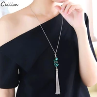 2022 new crystal bead sweater chain necklace for women fashion silver color tassel pendant long necklace statement neck jewelry